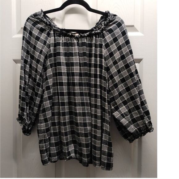 Knox Rose Size Large Black White Check On or Off Shoulder 3/4 Sleeve Peasant Top - Picture 1 of 6